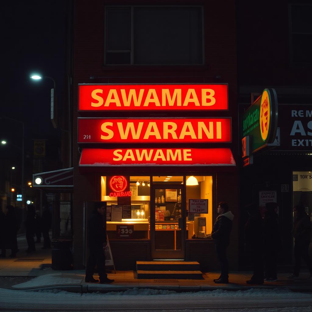 Late-night storefront glowing
