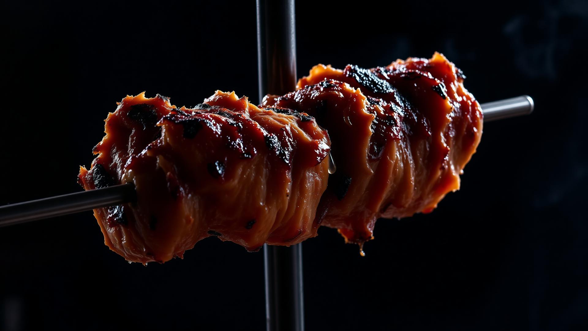 Extreme close-up of chicken shawarma turning on the vertical spit